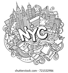 Cartoon cute doodles hand drawn New York inscription. Sketch illustration with american theme items. Line art detailed, with lots of objects background. Funny vector artwork