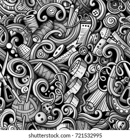 Cartoon cute doodles hand drawn Handmade seamless pattern. Monochrome detailed, with lots of objects background. Endless funny vector illustration with hand made symbols and items