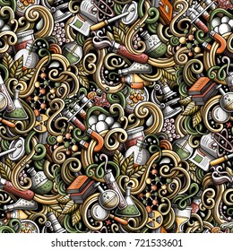 Cartoon cute doodles hand drawn Science seamless pattern. Color detailed, with lots of objects background. Endless funny vector illustration with laboratory symbols and items
