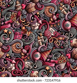 Cartoon cute doodles hand drawn Holidays seamless pattern. Color detailed, with lots of objects background. Endless funny vector illustration with Birthday symbols and items