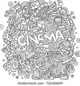 Cartoon cute doodles hand drawn Cinema inscription. Illustration with movie theme items. Line art detailed, with lots of objects background. Funny vector artwork