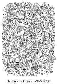 Cartoon cute doodles hand drawn Fastfood illustration. Line art detailed, with lots of objects background. Funny vector artwork. Sketch picture with fast food theme items