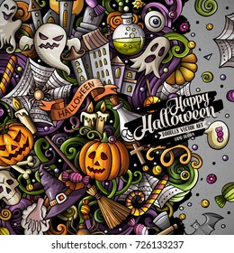 Cartoon cute doodles hand drawn Happy Halloween frame design illustration. Colorful detailed, with lots of objects background. All items are separate.. Funny vector border