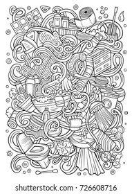 Cartoon cute doodles hand drawn Bathroom illustration. Line art detailed, with lots of objects background. Funny vector artwork