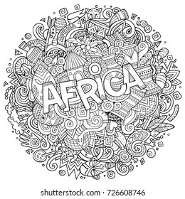 Cartoon cute doodles hand drawn Africa inscription. Illustration with african theme items. Sketchy detailed, with lots of objects background. Funny vector artwork