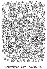 Cartoon cute doodles hand drawn Shopping illustration. Line art detailed, with lots of objects background. Funny vector artwork. Contour picture with Sale theme items.