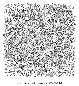 Cartoon cute doodles hand drawn India illustration. Line art detailed, with lots of objects background. Funny vector artwork. Vintage picture with indian culture theme items