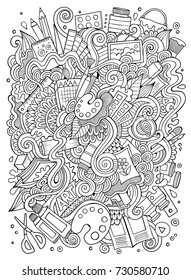 Cartoon cute doodles hand drawn Artistic illustration. Line art detailed, with lots of objects background. Funny vector artwork