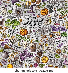 Cartoon cute doodles hand drawn Halloween illustration with lots of objects. Funny vector artwork