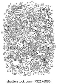 Cartoon cute doodles hand drawn social media illustration. Line art detailed, with lots of objects background. Funny vector artwork. Sketchy picture with internet theme items