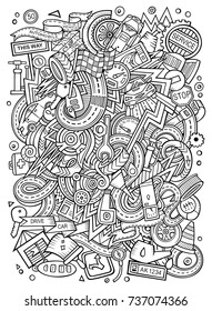 Cartoon cute doodles hand drawn Automotive illustration. Line art detailed, with lots of objects background. Funny vector artwork. Sketchy picture with cuisine theme items