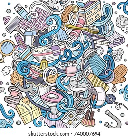 Cartoon cute doodles hand drawn Bathroom illustration. Colorful detailed, with lots of objects background. Funny vector artwork