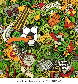 Cartoon cute doodles hand drawn Soccer seamless pattern. Colorful detailed, with lots of objects background. Endless funny vector illustration