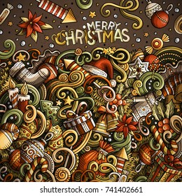 Cartoon cute doodles hand drawn Merry Christmas frame design. Colorful detailed, with lots of objects background. Funny vector illustration. Bright colors border with New Year theme items