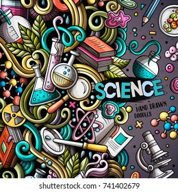 Cartoon cute doodles hand drawn Science frame design. Line art detailed, with lots of objects background. Funny vector illustration. Sketchy border with scientific theme items