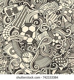 Cartoon cute doodles hand drawn Soccer seamless pattern. Monochrome detailed, with lots of objects background. Endless funny vector illustration