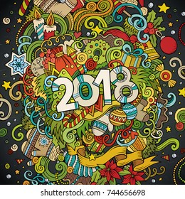Cartoon cute doodles hand drawn New Year illustration. Doodle word 2018. Colorful Illustration with lots of elements. Funny vector artwork.