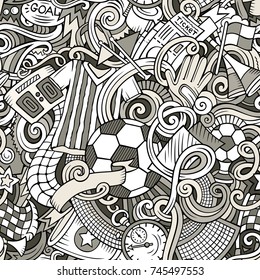 Cartoon cute doodles hand drawn Soccer seamless pattern. Monochrome detailed, with lots of objects background. Endless funny vector illustration