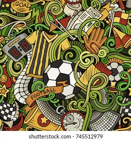 Cartoon cute doodles hand drawn Soccer seamless pattern. Colorful detailed, with lots of objects background. Endless funny vector illustration