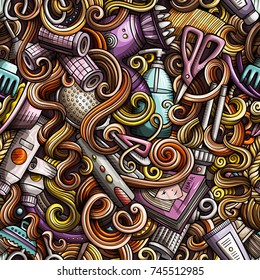 Cartoon cute doodles hand drawn Hair salon seamless pattern. Color detailed, with lots of objects background. Endless funny vector illustration with hairstyle symbols and items