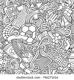 Cartoon cute doodles hand drawn Soccer seamless pattern. Line art detailed, with lots of objects background. Endless funny vector illustration