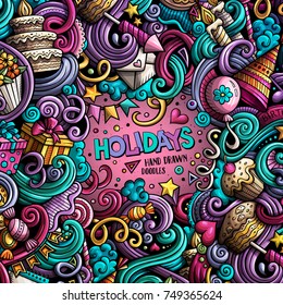 Cartoon cute doodles hand drawn holidays frame design. Colorful detailed, with lots of objects background. Funny vector illustration. Bright colors border with birthday theme items