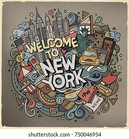 Cartoon cute doodles hand drawn Welcome to New York inscription. Colorful illustration with american theme items. Line art detailed, with lots of objects background. Funny vector artwork