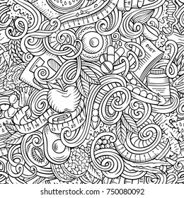 Cartoon cute doodles hand drawn Diet food seamless pattern. Line art detailed, with lots of objects background. Endless funny vector illustration