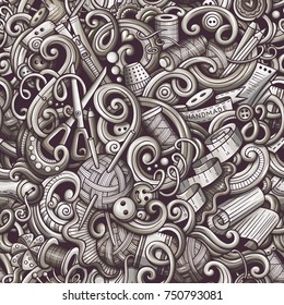 Cartoon cute doodles hand drawn Handmade seamless pattern. Monochrome detailed, with lots of objects background. Endless funny vector illustration with hand made symbols and items