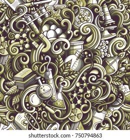 Cartoon cute doodles hand drawn Science seamless pattern. Monochrome detailed, with lots of objects background. Endless funny vector illustration with laboratory symbols and items