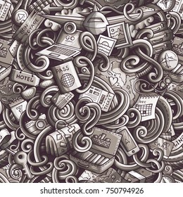 Cartoon cute doodles hand drawn travel planning seamless pattern. Toned detailed, with lots of objects background. Endless funny vector illustration.