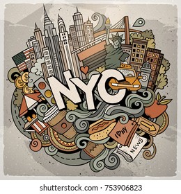 Cartoon cute doodles hand drawn New York inscription. Colorful illustration with american theme items. Line art detailed, with lots of objects background. Funny vector artwork