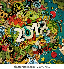 Cartoon cute doodles hand drawn New Year illustration. Doodle word 2018. Colorful Illustration with lots of elements. Funny vector artwork.