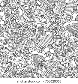 Desenhos animados bonito doodles desenhado à mão padrão sem costura de futebol. Linha de arte detalhada, com muitos objetos fundo. Ilustração vetorial engraçada sem fim