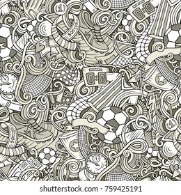 Cartoon cute doodles hand drawn Soccer seamless pattern. Monochrome detailed, with lots of objects background. Endless funny vector illustration