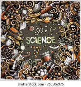 Cartoon cute doodles hand drawn Science frame design. Line art detailed, with lots of objects background. Funny vector illustration. Sketchy border with scientific theme items