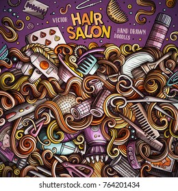 Cartoon cute doodles hand drawn Hair salon frame design. Colorful detailed, with lots of objects background. Funny vector illustration. Bright colors border with Barber shop items