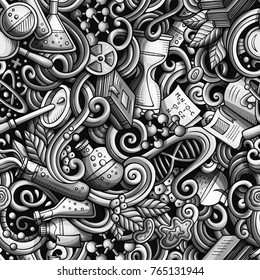 Cartoon cute doodles hand drawn Science seamless pattern. Monochrome detailed, with lots of objects background. Endless funny vector illustration with laboratory symbols and items