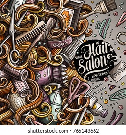 Cartoon cute doodles hand drawn Hair salon frame design. Colorful detailed, with lots of objects background. Funny vector illustration. Bright colors border with Barber shop items