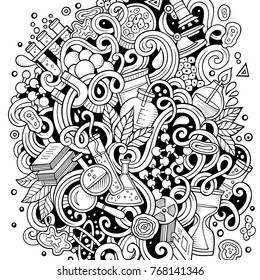 Cartoon cute doodles hand drawn Science illustration. Sketchy detailed, with lots of objects background. Funny vector artwork