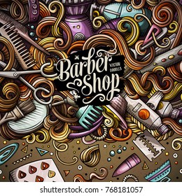 Cartoon cute doodles hand drawn Hair salon frame design. Colorful detailed, with lots of objects background. Funny vector illustration. Bright colors border with Barber shop items
