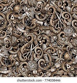 Cartoon cute doodles hand drawn Handmade seamless pattern. Monochrome detailed, with lots of objects background. Endless funny vector illustration with hand made symbols and items