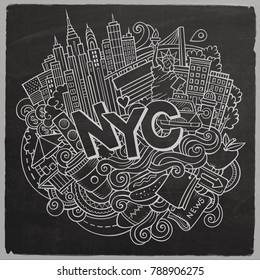 Cartoon cute doodles hand drawn New York inscription. Chalkboard illustration with american theme items. Line art detailed, with lots of objects background. Funny vector artwork
