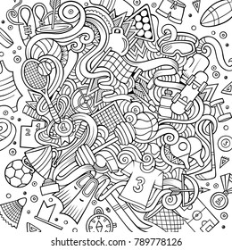 Cartoon cute doodles hand drawn Sport illustration. Line art detailed, with lots of objects background. Funny vector artwork.