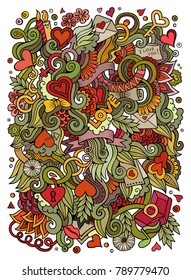 Cartoon cute doodles hand drawn Valentines Day illustration. Colorful detailed, with lots of objects background. Funny vector artwork. Bright colors picture with Love theme items