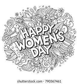 Cartoon cute doodles hand drawn Happy Womens Day inscription. Sketchy detailed illustration. Lots of objects background. Funny vector holiday artwork