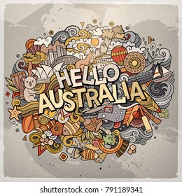 Cartoon cute doodles hand drawn Hello Australia inscription. Colorful illustration. Line art detailed, with lots of objects background. Funny vector artwork