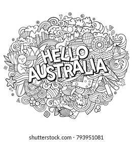 Cartoon cute doodles hand drawn Hello Australia inscription. Contour illustration. Line art detailed, with lots of objects background. Funny vector artwork