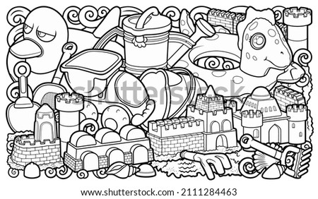 Cartoon cute doodles hand drawn summer beach children's entertainment illustration. Many toys objects vector background. Funny outdoor games artwork.
