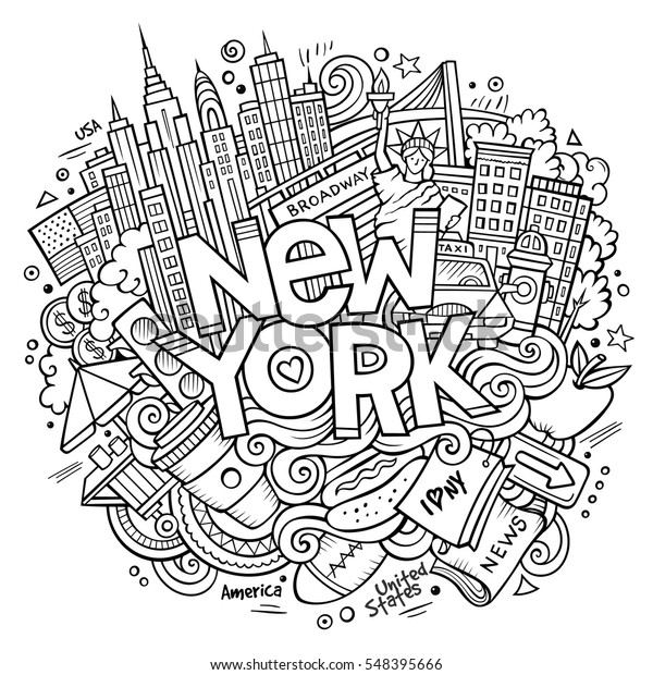 漫画のかわいい落書き手描きのニューヨークの碑文 米国のテーマ項目を含むスケッチイラスト 多くのオブジェクトの背景に詳細なラインアート 面白いベクター画像アートワーク のベクター画像素材 ロイヤリティフリー